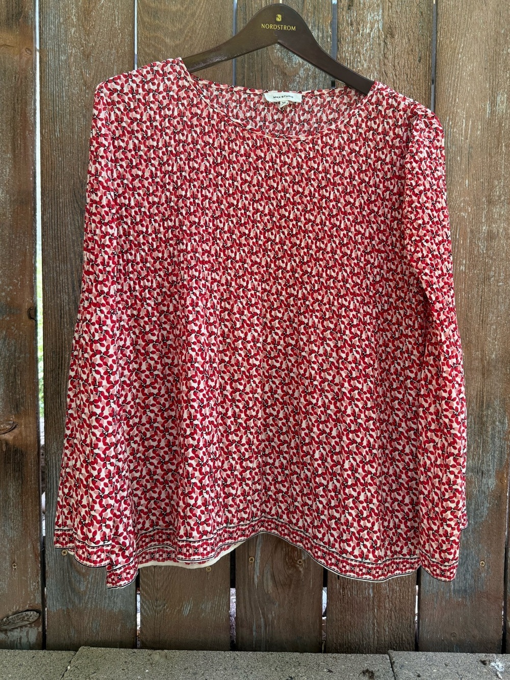 Max Studio Red Patterned Smocked Wide Long Sleeve Blouse Size Medium